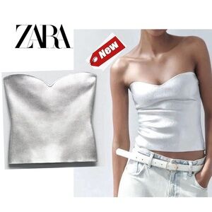 Zara silver metallic foil knit strapless bustier Sz L NWT